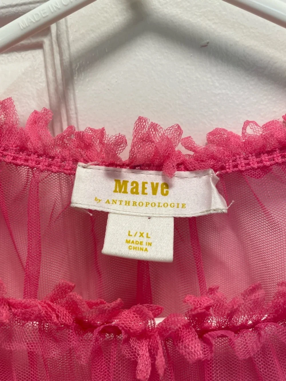 Anthropologie Maeve Hot Pink Sheer Ruffle Top - Picture 3 of 4